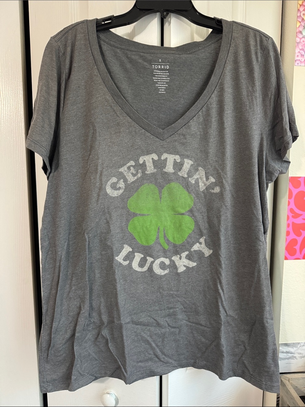 torrid Gray V-Neck Tee with Green Clover Graphic